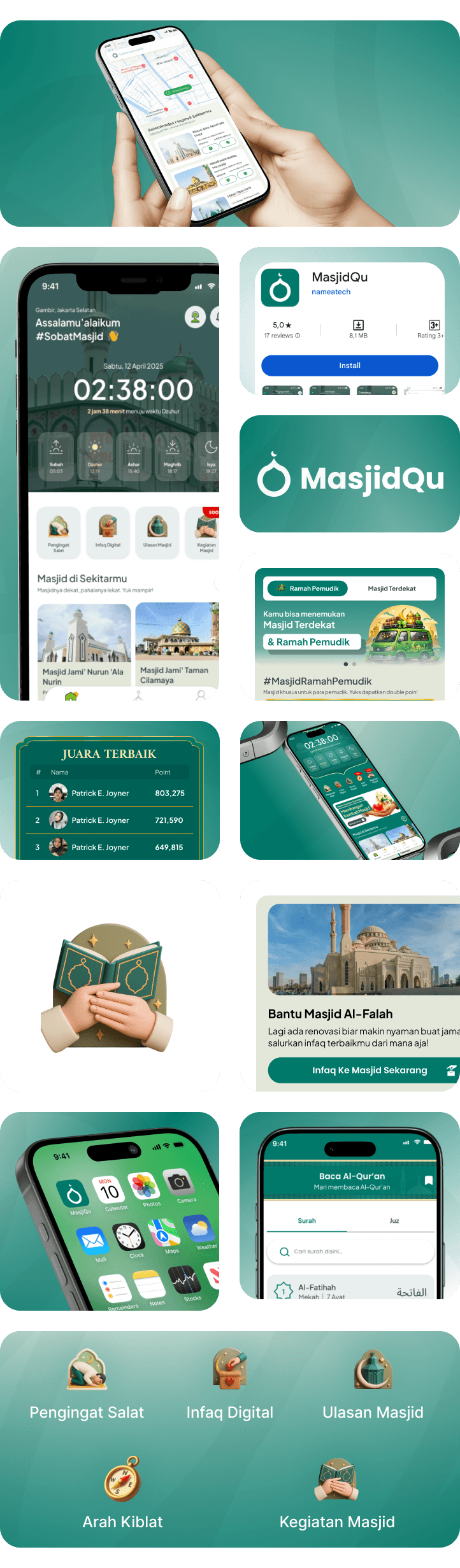 MasjidQu mobile product highlights collage
